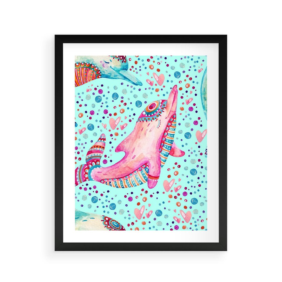 Plakat w ramie 40x50 - Lekkość W Ruchu - delfin, akwarela - rama czarna