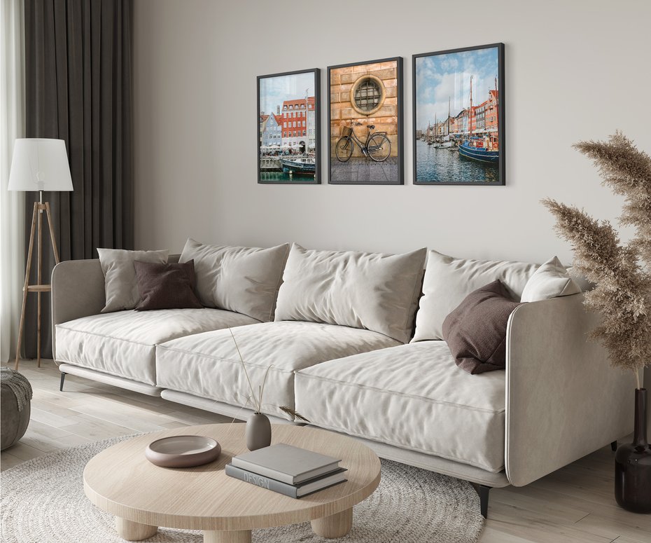 Zestaw obrazy w ramie 40x50 galeria - Kopenhaga, Holandia, rower, domki, port - rama czarna