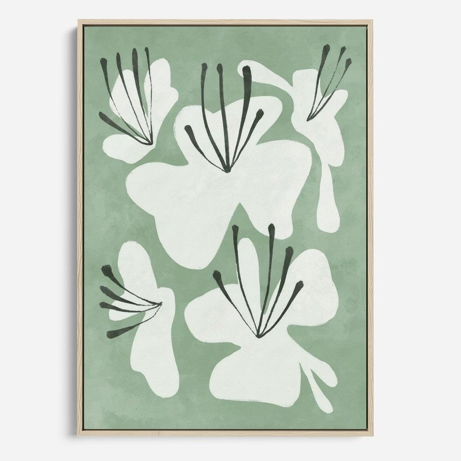 Obraz w ramie 50x70 - Rozkwitające Ukojenie - zgaszona zieleń, kwiaty - rama drewno