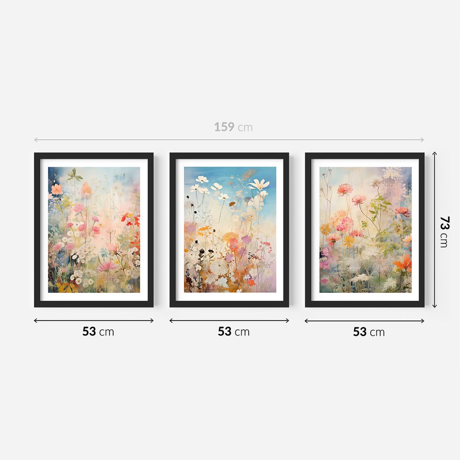 Zestaw obrazy w ramie 50x70 galeria - kwiaty, łąka, akwarela, boho - rama czarna