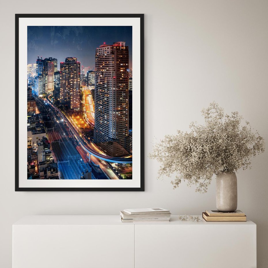 Plakat bez ramy 21x30 - Miasto nocą z wieżowcami w tle - miasto, nocą