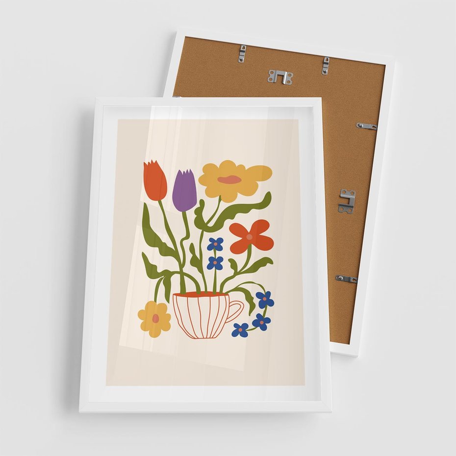 Plakat w ramie 50x70 - Kolorowe Granice - kwiaty w filizance, abstrakcja - rama biała