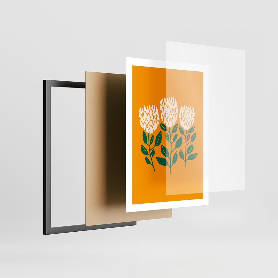 Plakat w ramie 50x70 - Kolorowe Impresje - abstrakcyjna kwiatowa kompozycja, żółte mocne tło - rama czarna