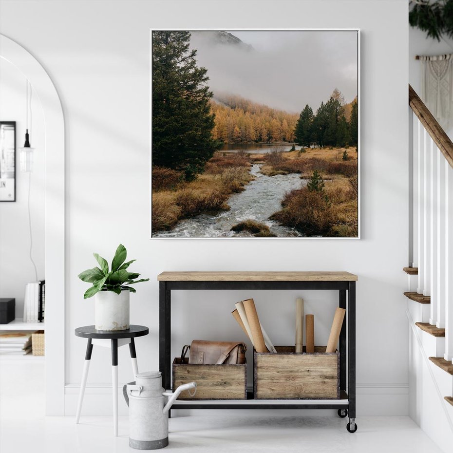 Obraz w ramie 80x80 - W Górskiej Dolinie - artystyczna fotografia, las - rama biała