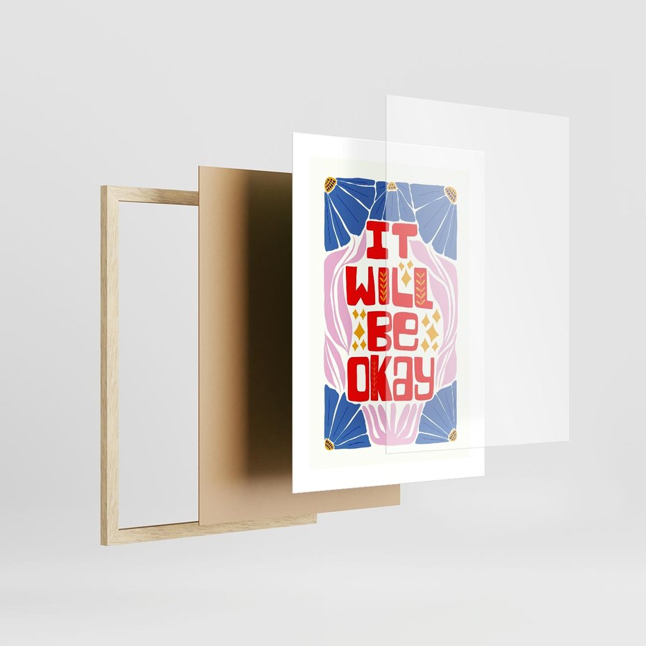 Plakat w ramie 30x40 - Kwiatowa Ekstaza - czerwona pozytywna typografia, kwiatowa kompozycja - rama drewno