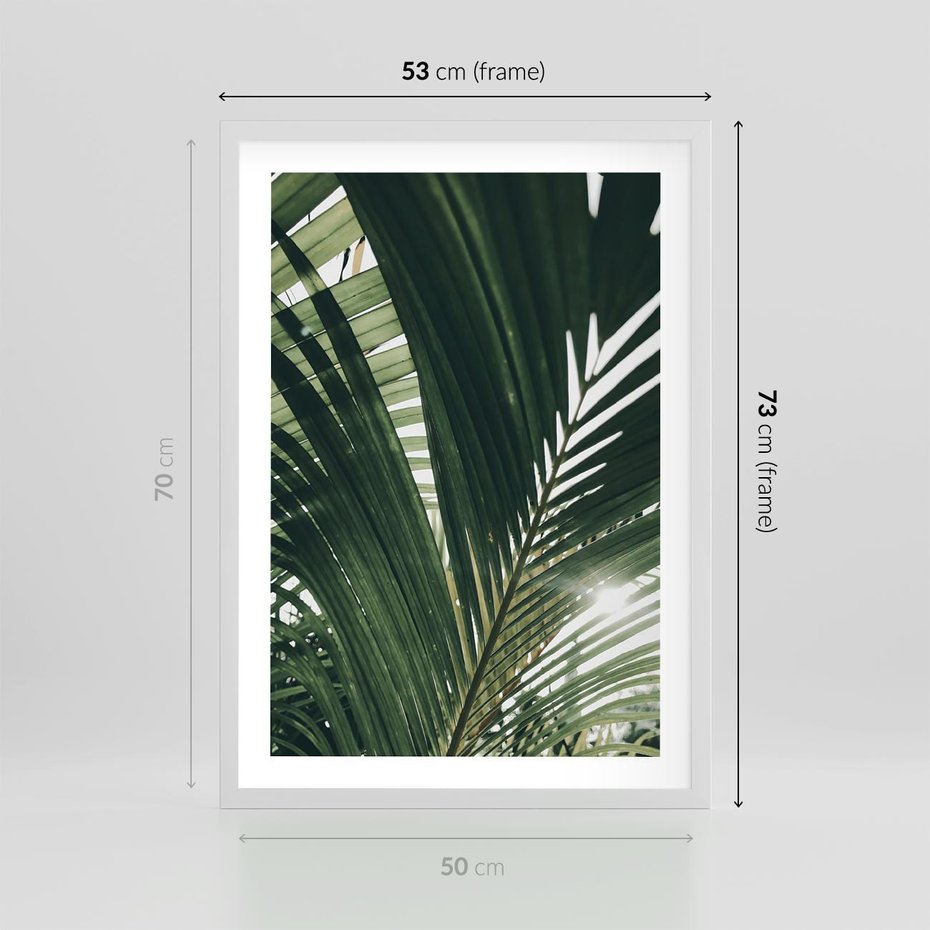 Plakat w ramie 50x70 - Tropikalne Uroki: Palmy i Zielone Liście - palmy, zielone liście - rama biała