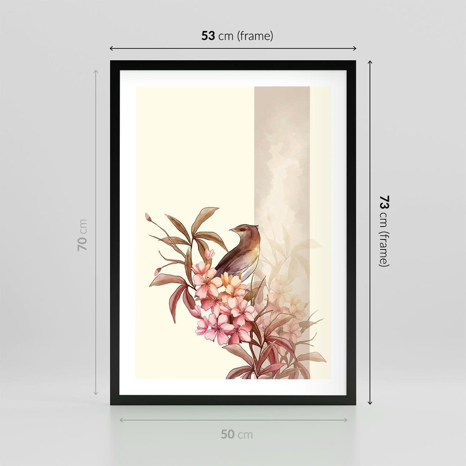 Plakat w ramie 50x70 - Kwiatowe Zanurzenie - japońska sztuka, ptak - rama czarna