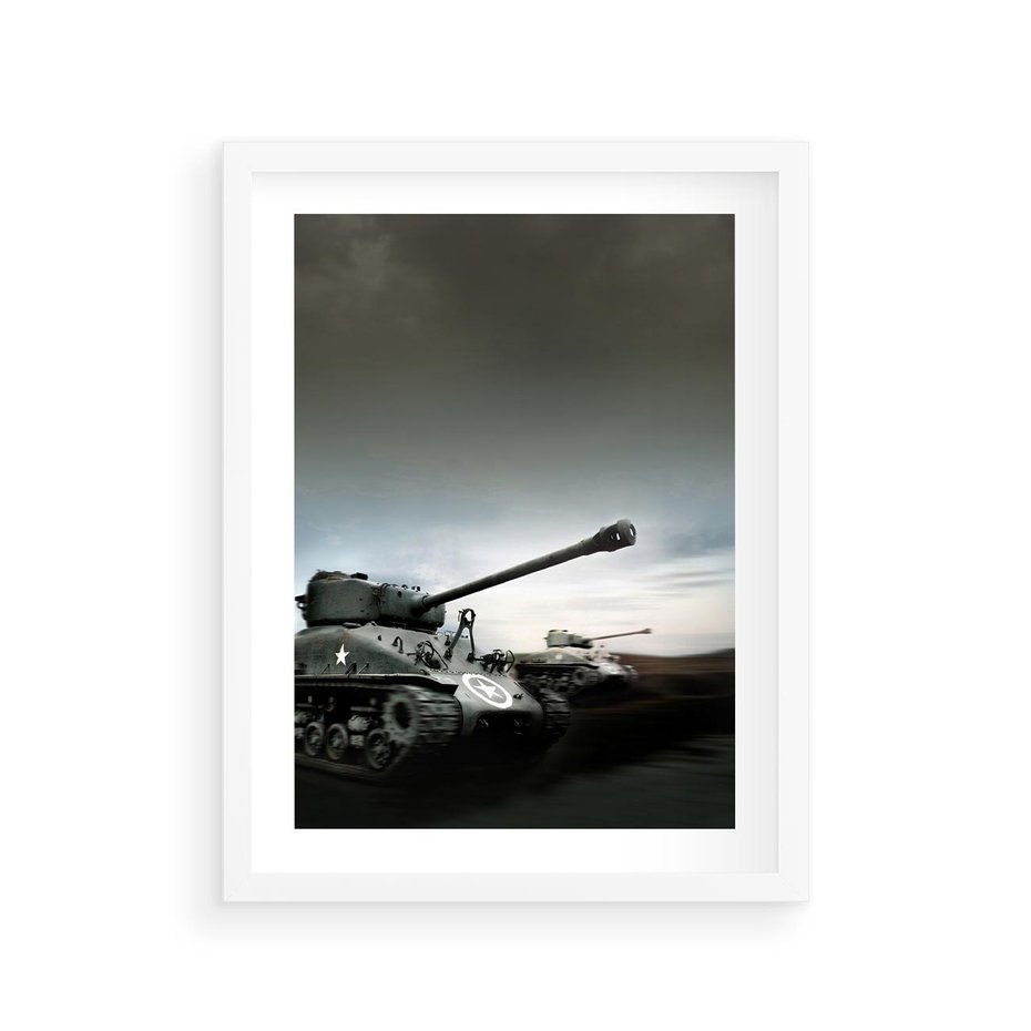 Plakat w ramie 30x40 - Siła i determinacja: czołgi wojenne - czołgi, wojna - rama biała