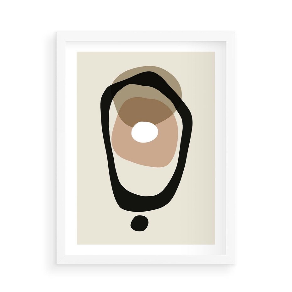 Plakat w ramie 50x70 - Intrygujące Zaskoczenia - beżowa abstrakcyjna kompozycja, czarny akcent - rama biała