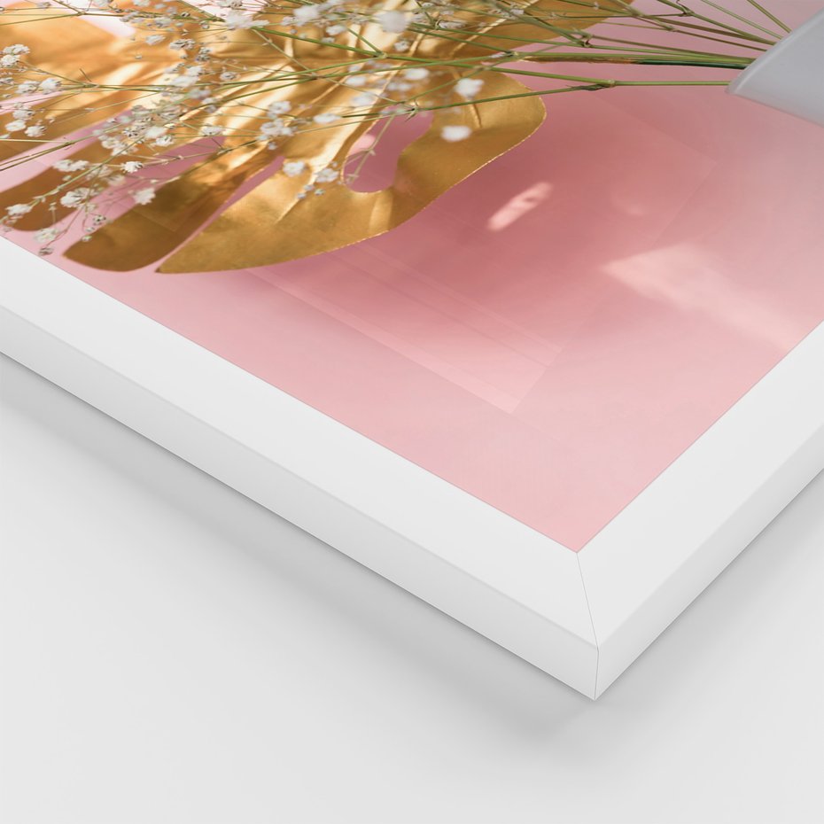 Zestaw obrazy w ramie 30x40 galeria - Złote, liście, monstera, kwiaty - rama biała