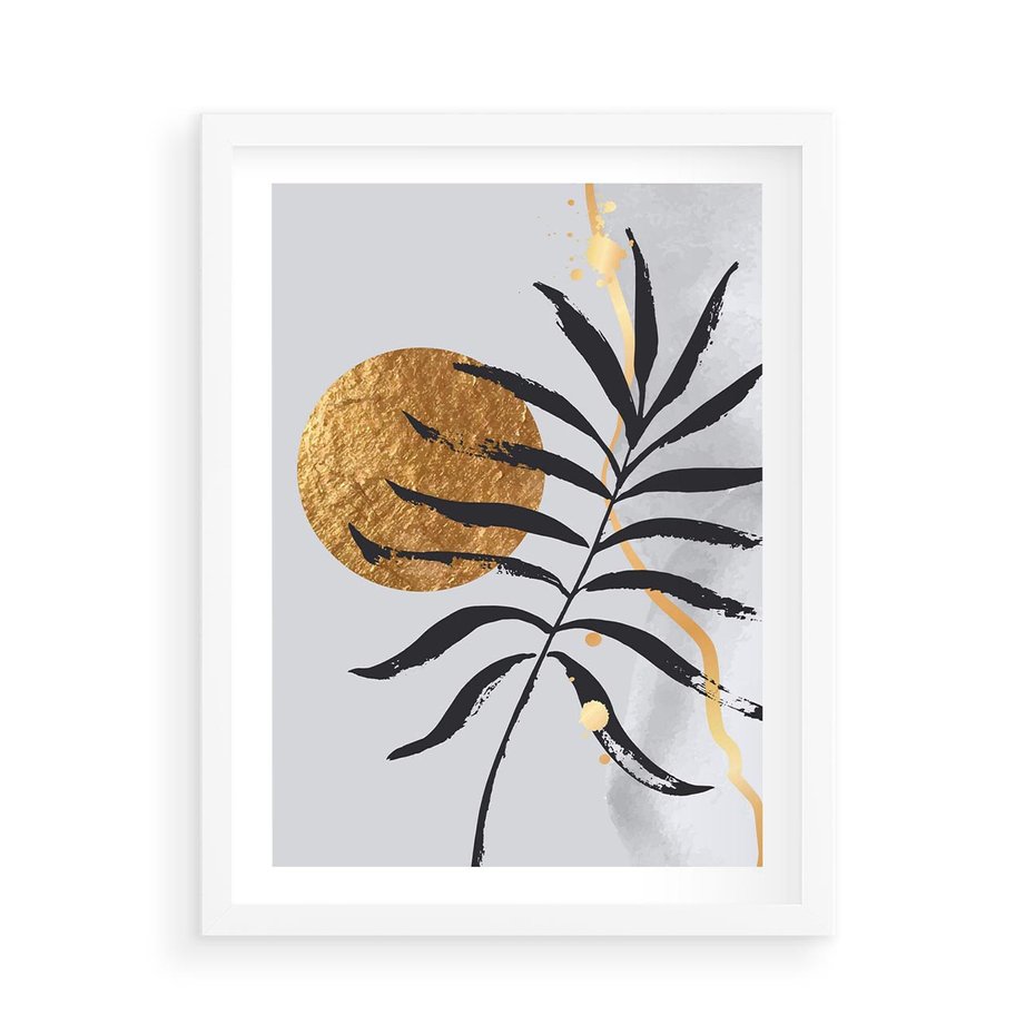 Plakat w ramie 50x70 - Grafika z Czarnym Liściem Palmy - czarny liść palmy, złóte kołó - rama biała