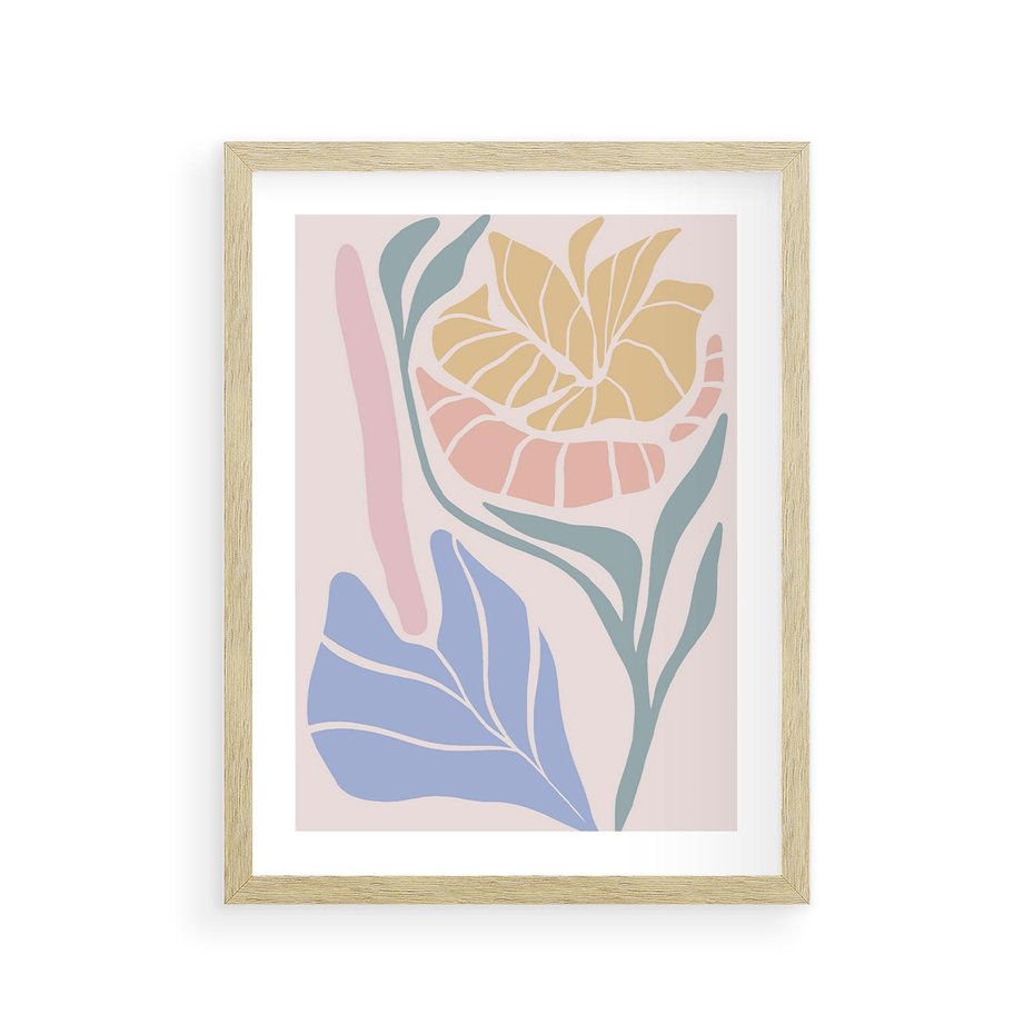 Plakat w ramie 30x40 - Wyjątkowe Ukojenie - pastelowe kwiaty, na beżowym tle - rama drewno