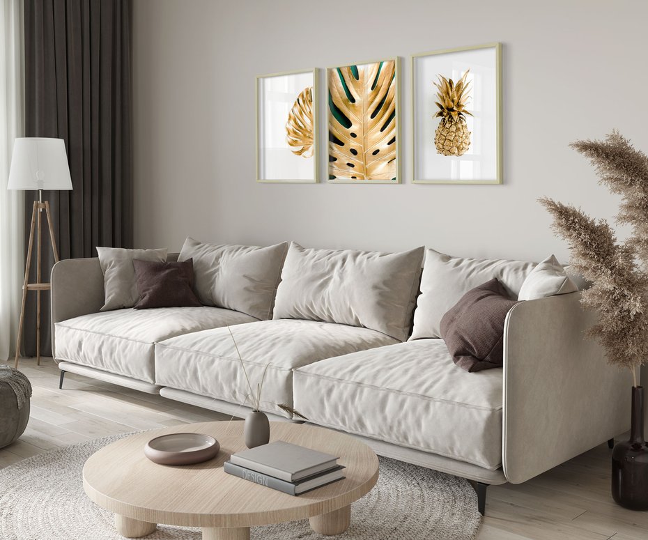 Zestaw obrazy w ramie 30x40 galeria - Złoty, ananas, monstera, gold - rama drewno