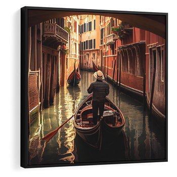 Obraz w ramie 50x50 - Spokojna Wenecja - gondolier w gondoli, kanały Wenecji - rama czarna