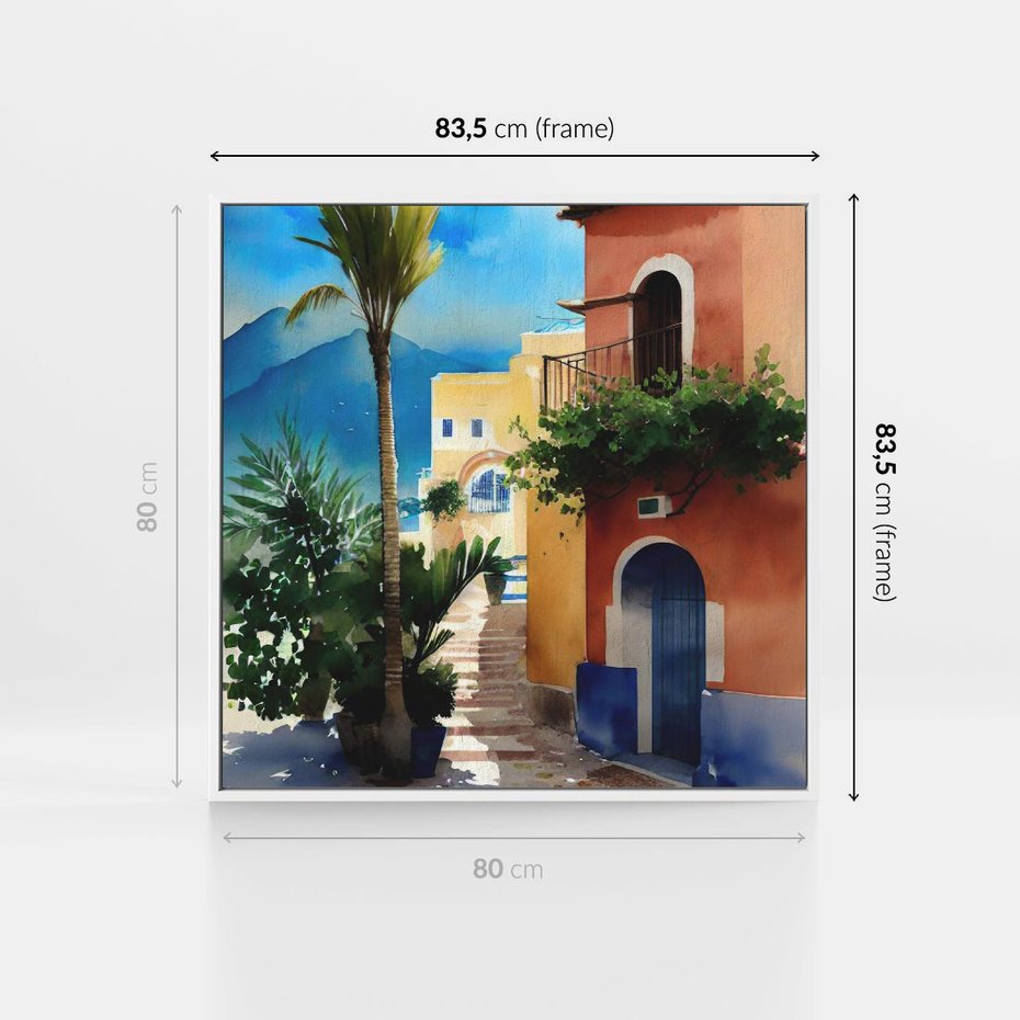Obraz w ramie 80x80 - Spokój Miasta nad Morzem - akwarela, sródziemnomorski klimat - rama biała