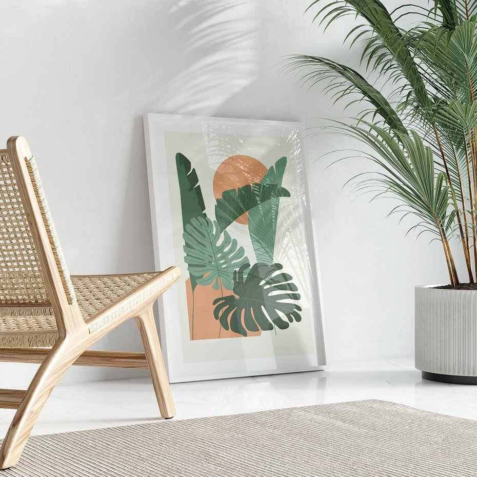 Plakat w ramie 30x40 - Abstrakcyjne Tropiki - liście, rośliny tropikalne w graficznym stylu - rama biała