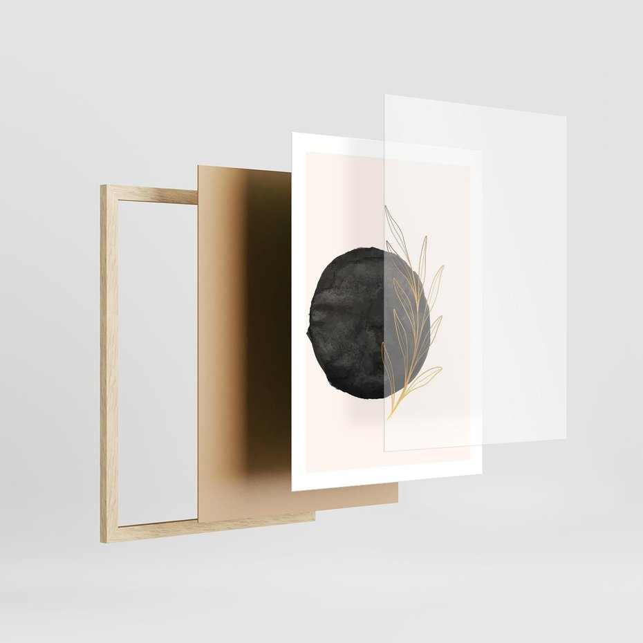 Plakat w ramie 50x70 - Kontrast Kształtów - minimalistyczna grafika, czarna plama - rama drewno