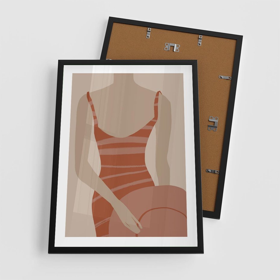 Plakat w ramie 50x70 - Kobiece Retro - minimalistyczny boho plakat, retro kobieta w stroju kąpielowym - rama czarna