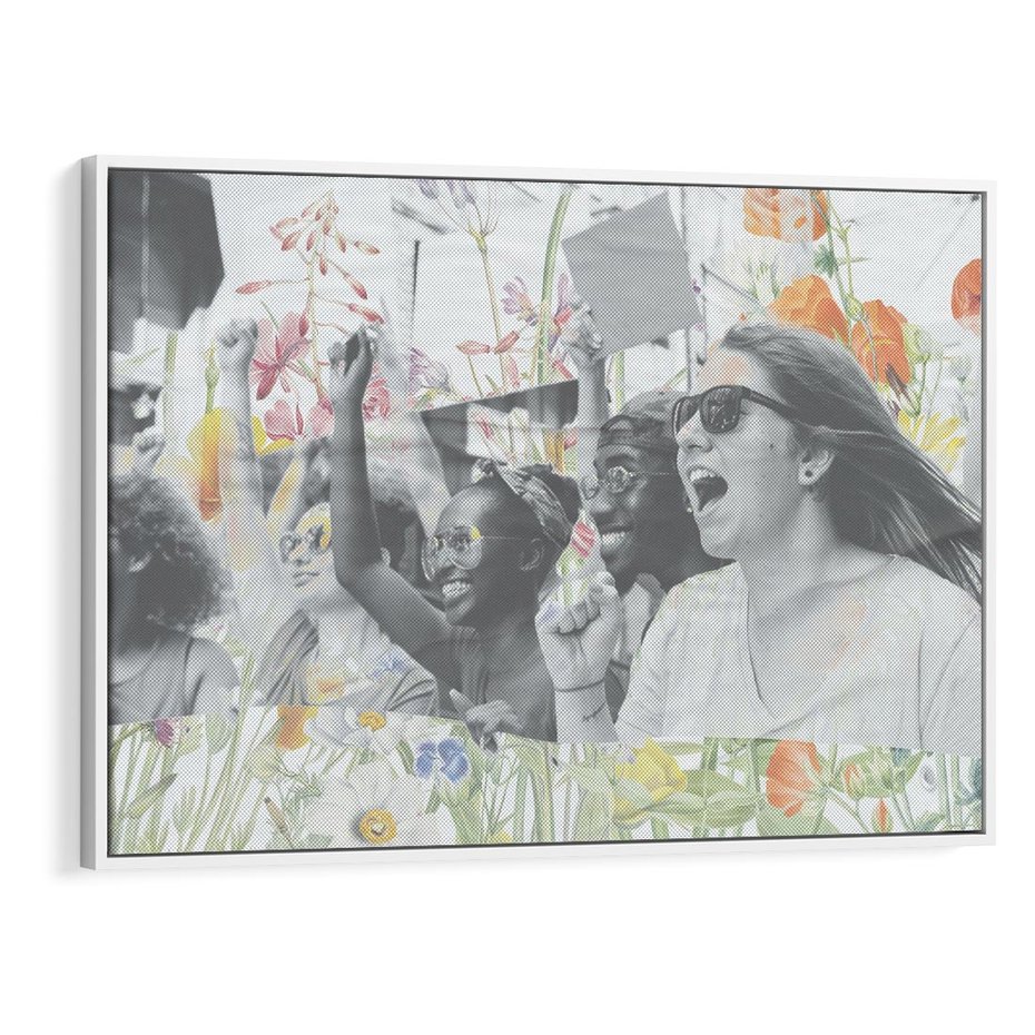 Obraz w ramie 120x80 - Księga zaklętych marzeń - kolaż, czarnobiałe zdjęcie wesołych młodych ludzi - rama biała