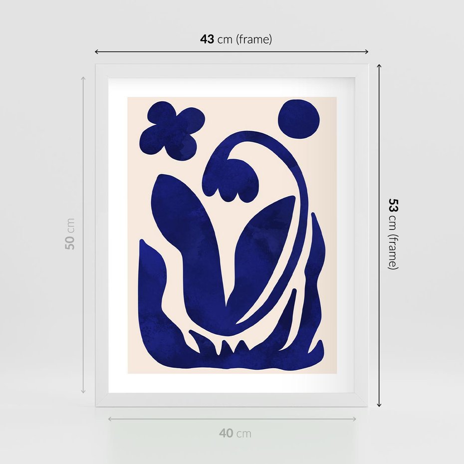 Plakat w ramie 40x50 - Bezgraniczne Echa Serca - abstrakcyjny obraz plakat, dziwne niebieskie kształty przypominają kwiat - rama biała