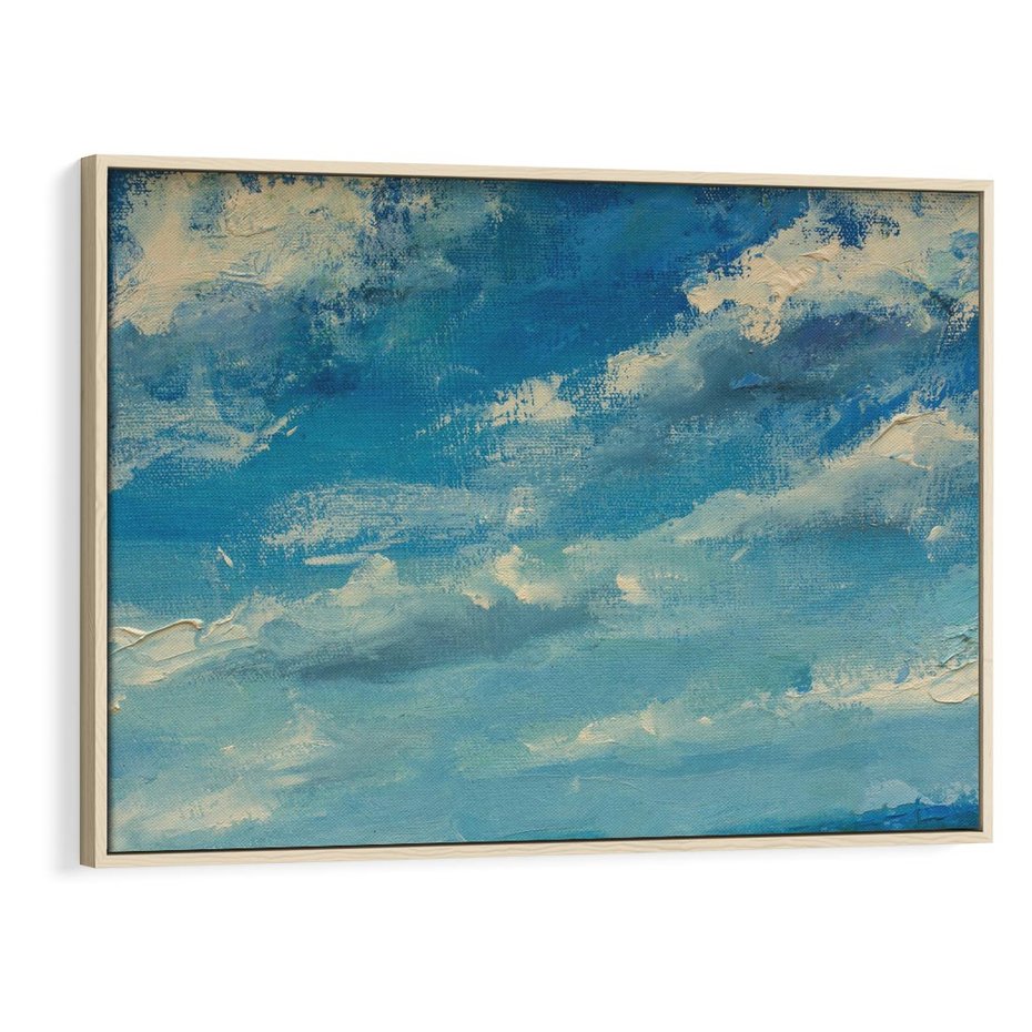 Obraz w ramie 100x70 - Oddechy niebiańskiej materii - olejny obraz, smugi farby przypominają obłoki na błękitnym niebie - rama drewno