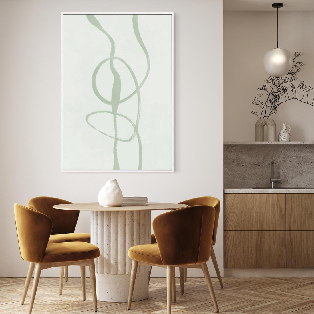 Obraz w ramie 80x120 - Zieleń Wewnętrznej Harmonii - zielona abstrakcja, zgaszona zieleń - rama biała