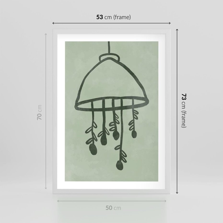 Plakat w ramie 50x70 - Zieleń Inspirującego Spokoju - plakat z abstrakcyjną zieloną lampą, skandynawski design - rama biała