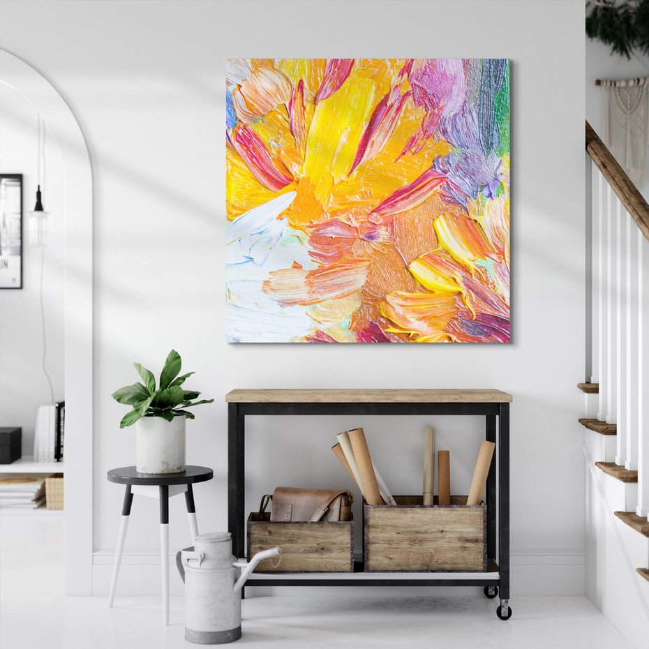 Obraz na płótnie 80x80 - Kwiatowe Harmonie - zbliżenie na obraz olejny, gruba warstwa farby