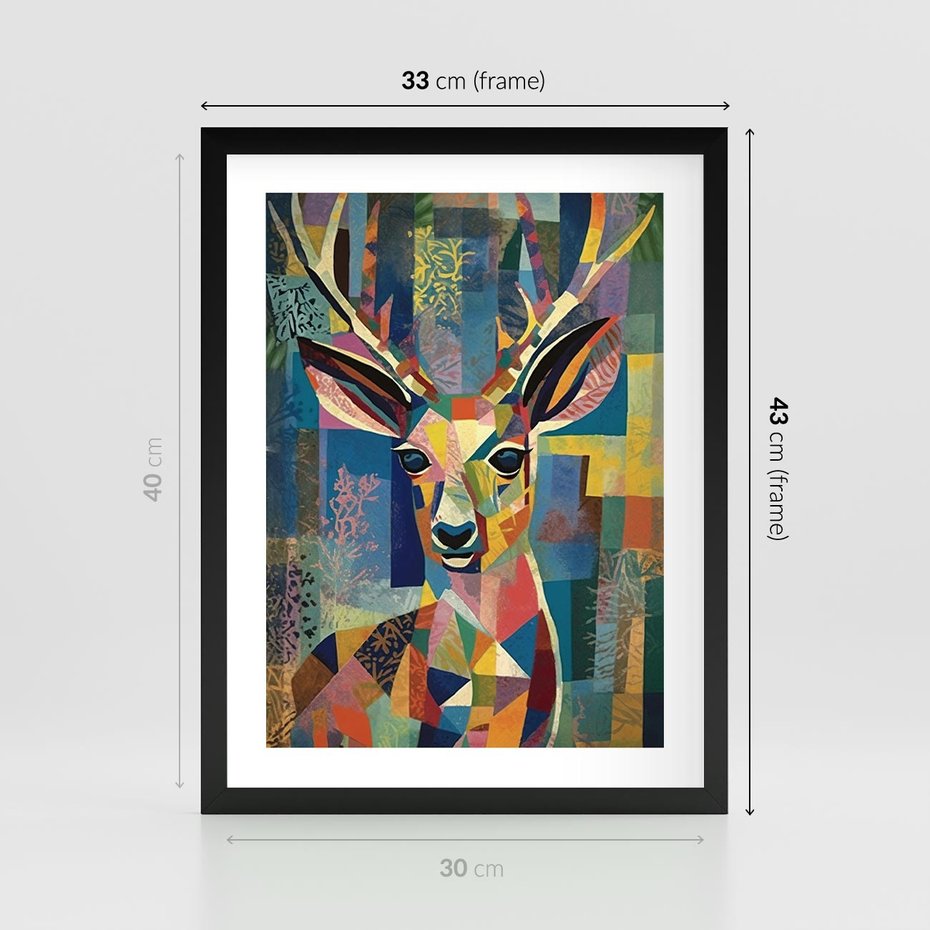 Plakat w ramie 30x40 - Bezgraniczne Kontury Zaskoczenia - abstrakcyjny obraz olejny, jeleń - rama czarna