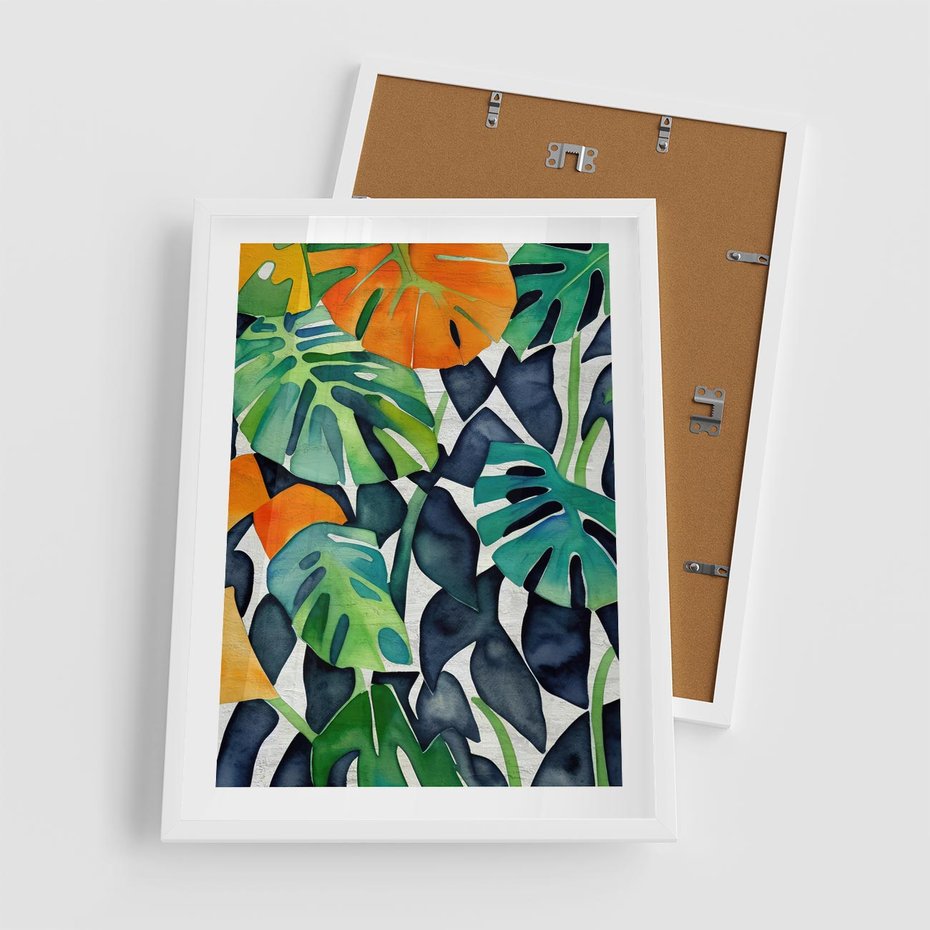 Plakat w ramie 50x70 - Tropikalne Pragnienia - akwarela, liście tropikalne - rama biała