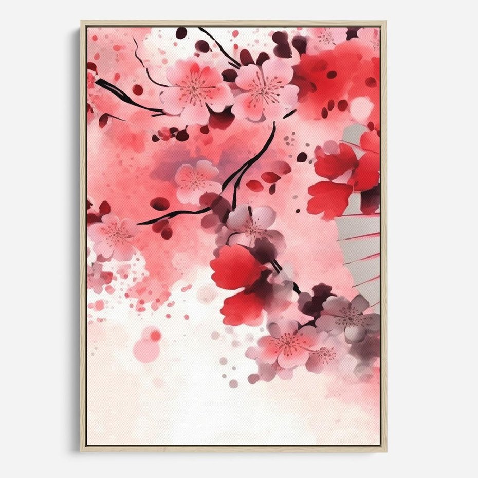 Obraz w ramie 50x70 - Szept Kwitnącej Wiśni - japoński parasol, liście - rama drewno