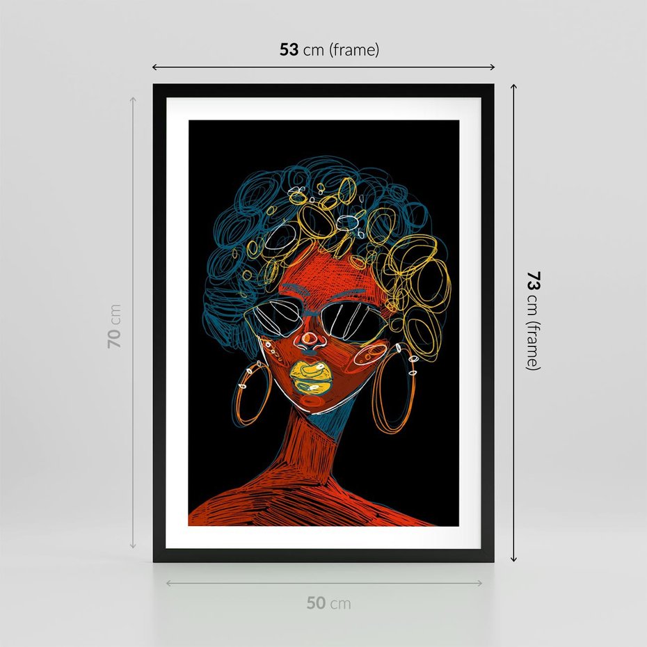 Plakat w ramie 50x70 - Kolorowe Wibracje Rzeczywistości - abstrakcyjny portret kobiety, twarz - rama czarna
