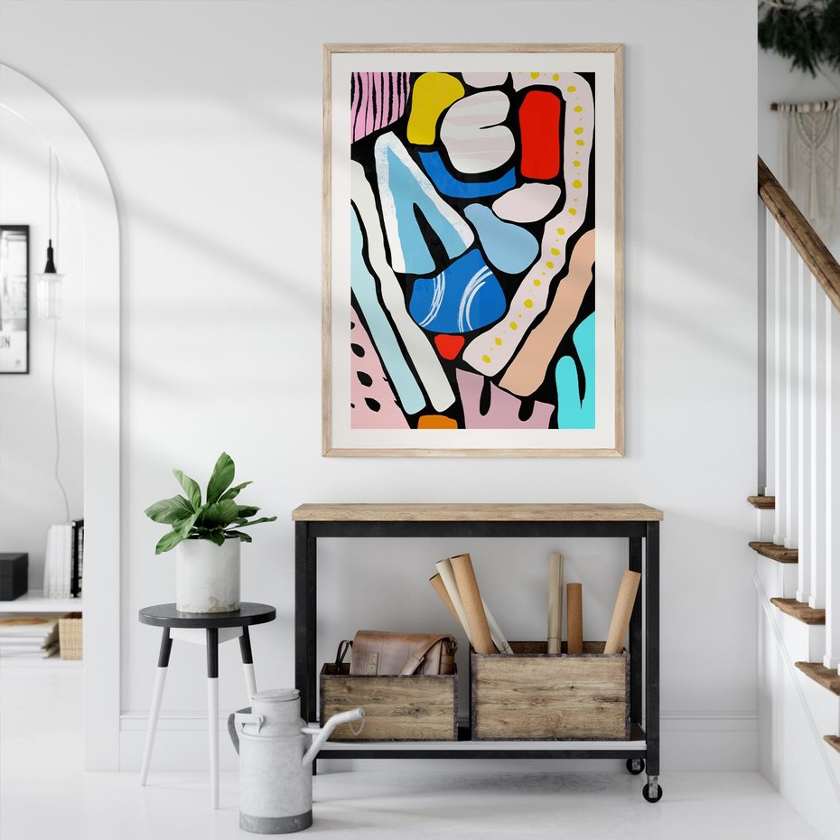 Plakat w ramie 30x40 - Kolory Na Czerni - abstrakcyjne formy, komiksowy styl - rama drewno