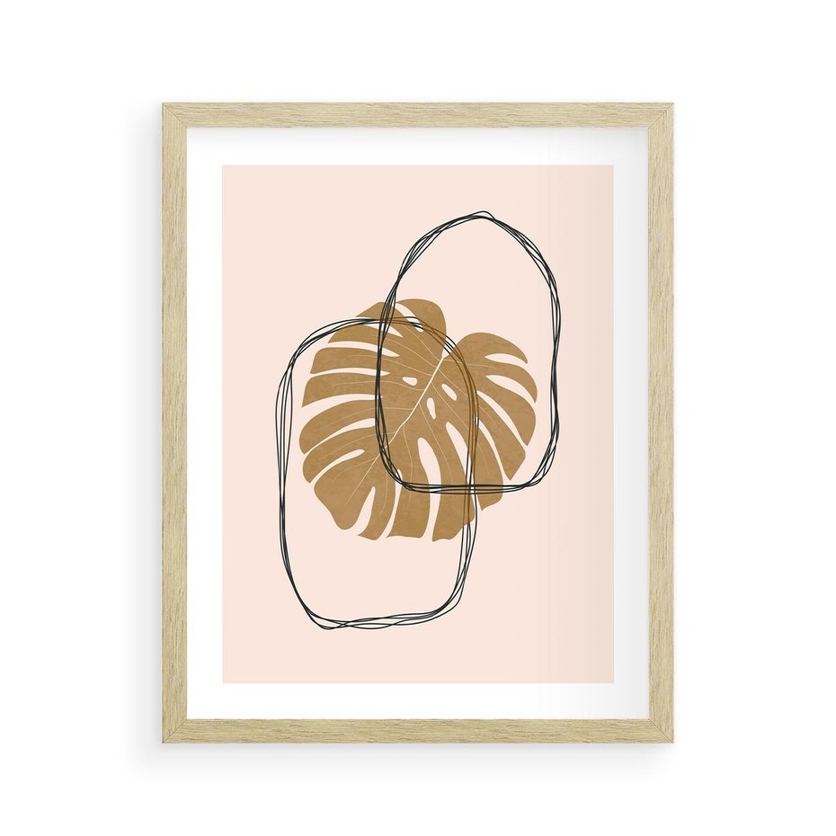 Plakat w ramie 40x50 - Liście w Beżowym Minimalizmie - minimalistyczny obraz, liście monstery - rama drewno
