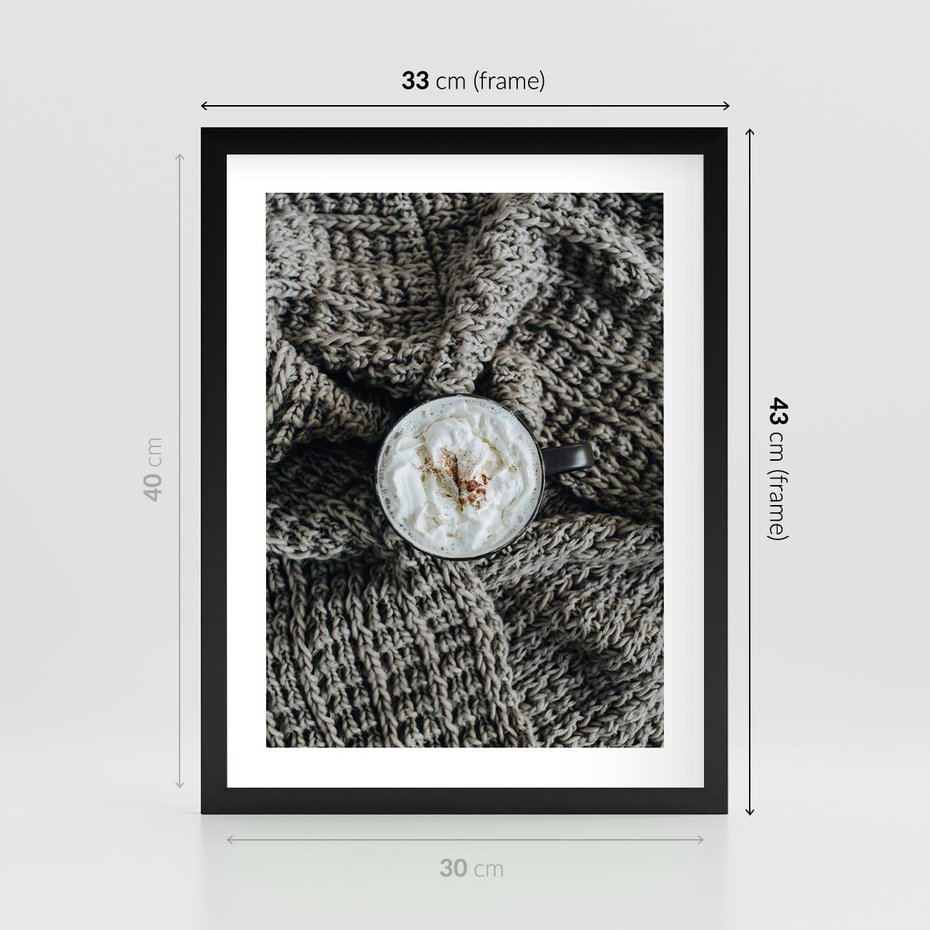 Plakat w ramie 30x40 - Relaks z Kawą i Kocem - ciepły wełniany koc, kawa z bitą śmietaną - rama czarna