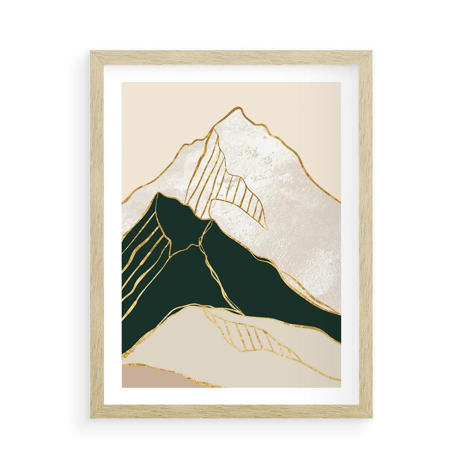 Plakat w ramie 50x70 - Minimalistyczne Góry: Złota Sztuka Natury - minimalistyczna grafika, góry - rama drewno