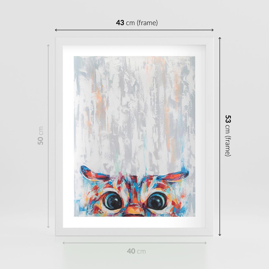 Plakat w ramie 40x50 - Co ja Widzę - obraz olejny, śmieszny obraz kota - rama biała