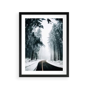 Plakat w ramie 30x40 - Droga przez Zimowy Las - drzewa, śnieg - rama czarna