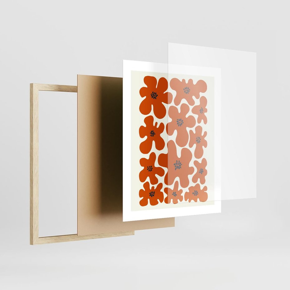 Plakat w ramie 40x50 - Wibracje Przestrzeni - abstrakcyjne czerwone kwiaty, kompozycja - rama drewno