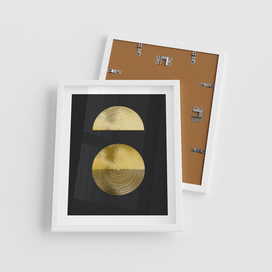 Plakat w ramie 40x50 - Migotliwe Przeniknięcia - złote koła, czarne tło - rama biała