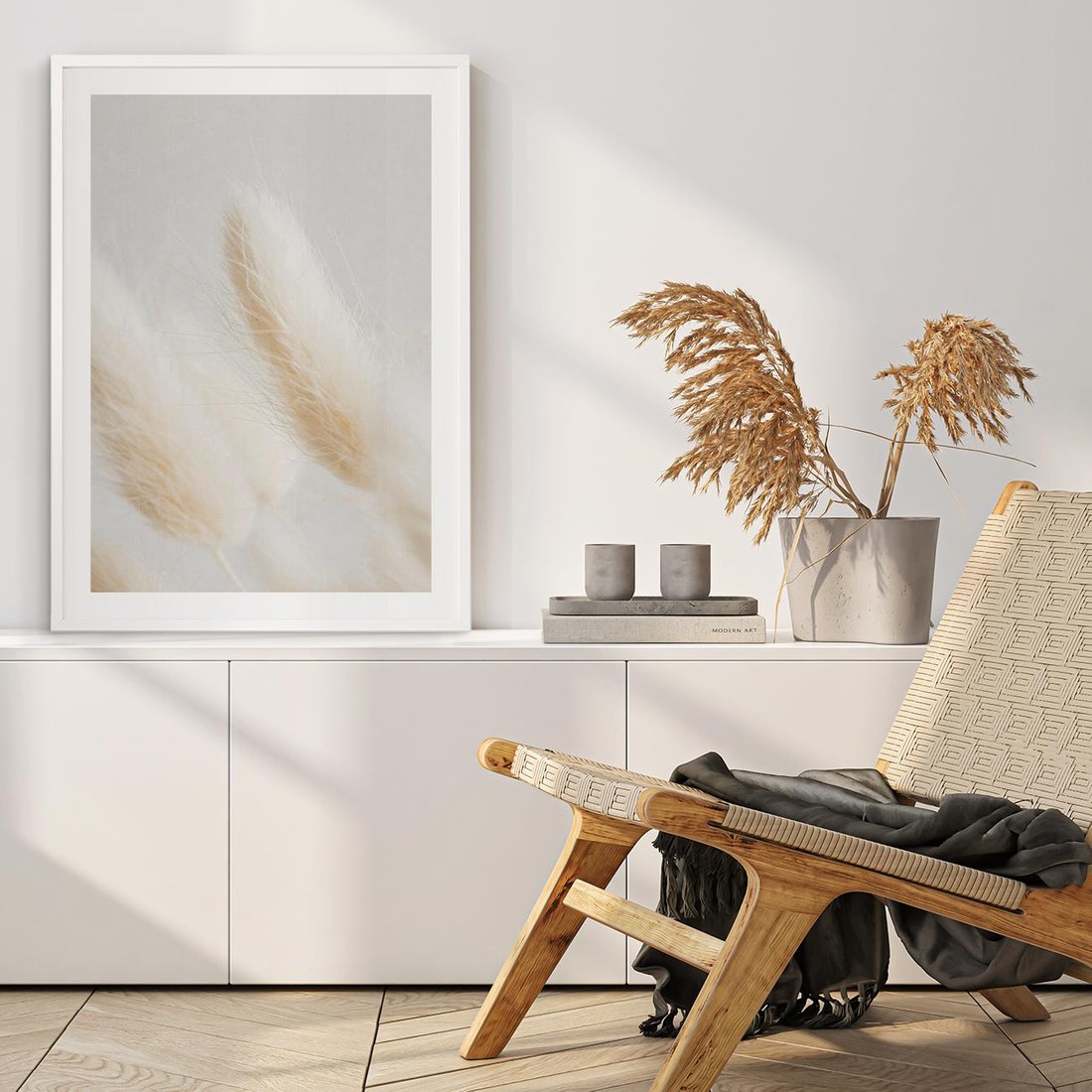 Plakat w ramie 50x70 - Czysty Minimalizm - białe trawy, minimalizm - rama biała