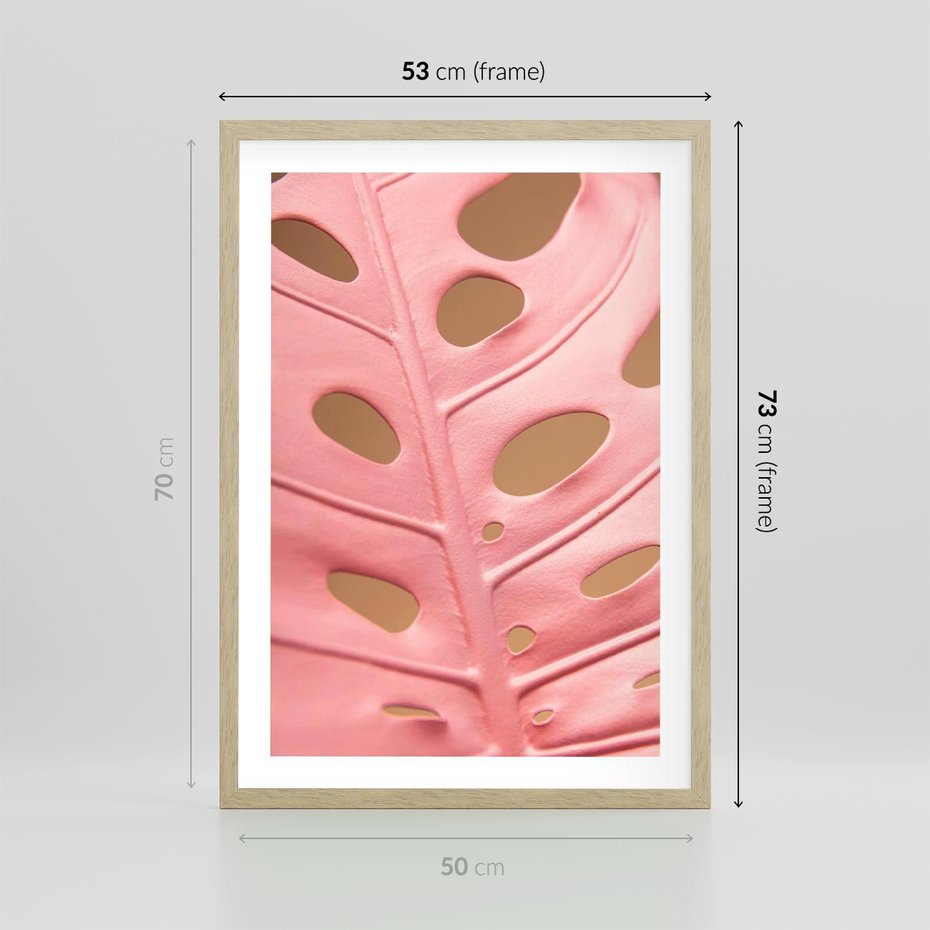 Plakat w ramie 50x70 - Różowy Liść Monstery - różowy liść monstery, nowoczesna fotografia - rama drewno