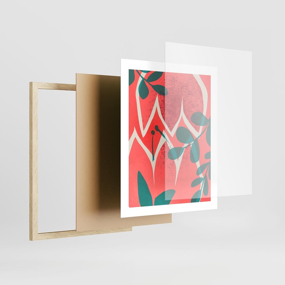 Plakat w ramie 40x50 - Migotliwe Kształty Plam - nowoczesny plakat, abstrakcyjne kwiaty - rama drewno