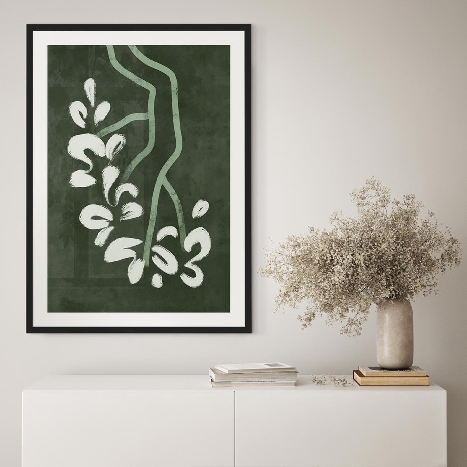 Plakat bez ramy 21x30 - Rozkwitające Zielone Gałęzie - abstrakcyjne delikatne zielone linie, podobne do gałęzi kwiatów