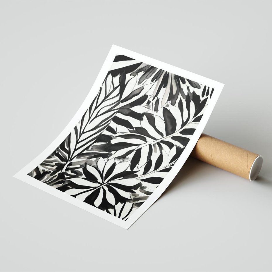 Plakat bez ramy 50x70 - Czarne Liście - akwarelowy obraz, czarno biały