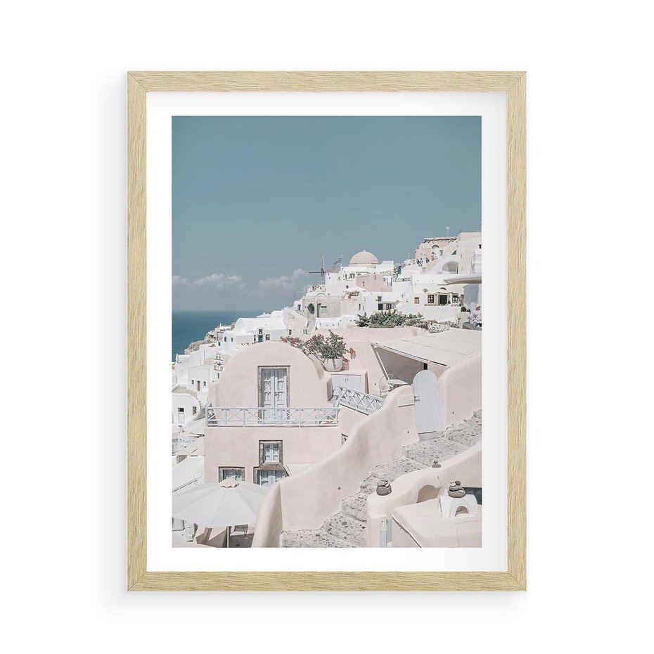 Plakat w ramie 50x70 - Śródziemnomorski Urok - zdjęcie Santorini, białe budynki - rama drewno