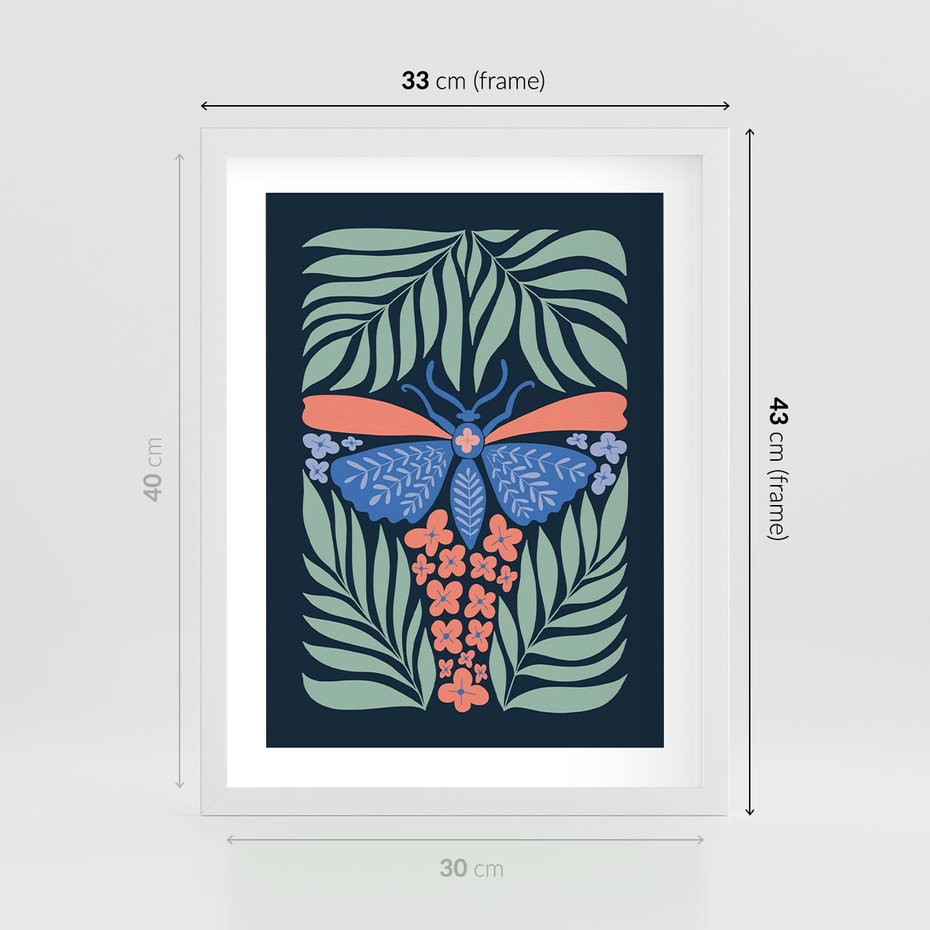 Plakat w ramie 30x40 - Granatowa Noc - granatowe tło, abstrajcyjna ćma - rama biała