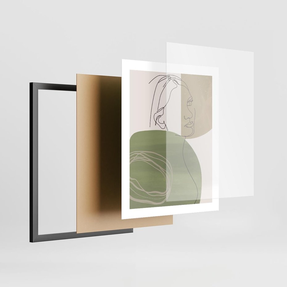 Plakat w ramie 40x50 - Jedna Linia, Wiele Emocji - akwarelowe plamy, na nich szkic postaci kobiety jedną linią - rama czarna