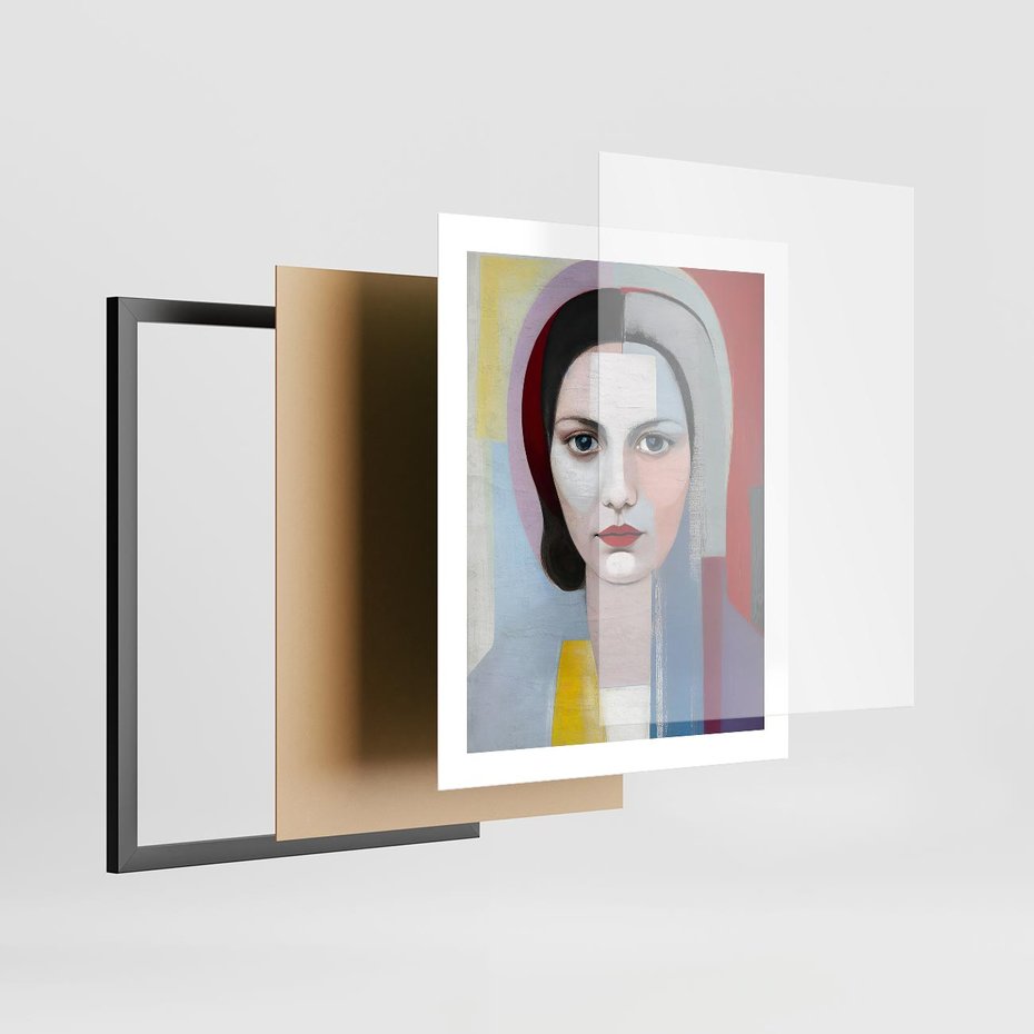 Plakat w ramie 40x50 - Kolorowe Granice Form - abstrakcyjny obraz olejny, portret twarzy kobiety - rama czarna