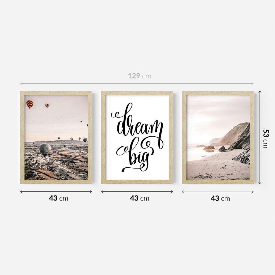 Zestaw obrazy w ramie 40x50 galeria - Dream, big, cytat, napis, balony - rama drewno